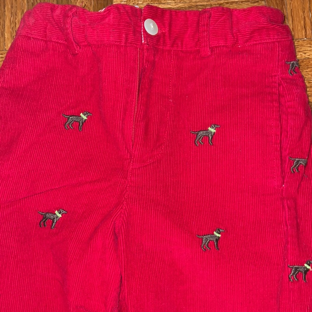 K&L Red thin corduroy pants with dogs embroidery. brown dogs with bandannas sz 5